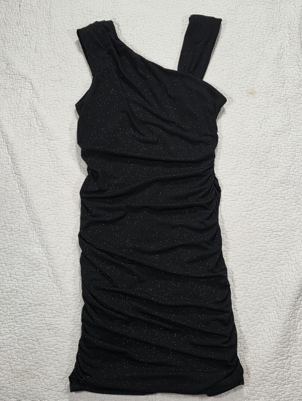 Eclipse Black Asymetrical Shoulder Sparkle Stretch Ruched Dress